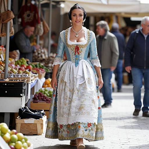 Photograph of a smiling woman in a blue and white traditional embroidered dress, standing at an outdoor market, surrounded by colorful fruit stalls and blurred shoppers.