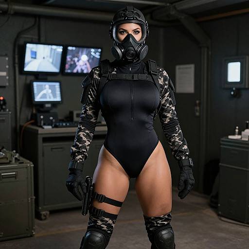 CGI photograph of a muscular woman in black tactical gear, gas mask, camo sleeves, thigh strap, and high-cut bodysuit, standing