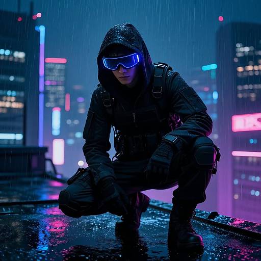 Cyberpunk vigilante in black hood, neon goggles, tactical gear, crouching in rain-soaked urban night, neon-lit cityscape