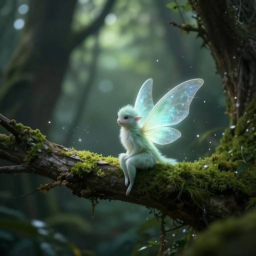 Photograph-style digital artwork of a glowing, white fairy-like creature with translucent wings, sitting on a moss-covered tree branch in a mystical, dimly
