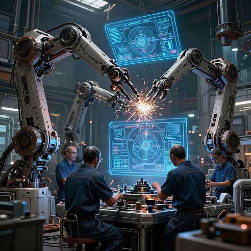 Photograph of four engineers in blue uniforms working around robotic arms with glowing blue holographic screens in a futuristic factory.