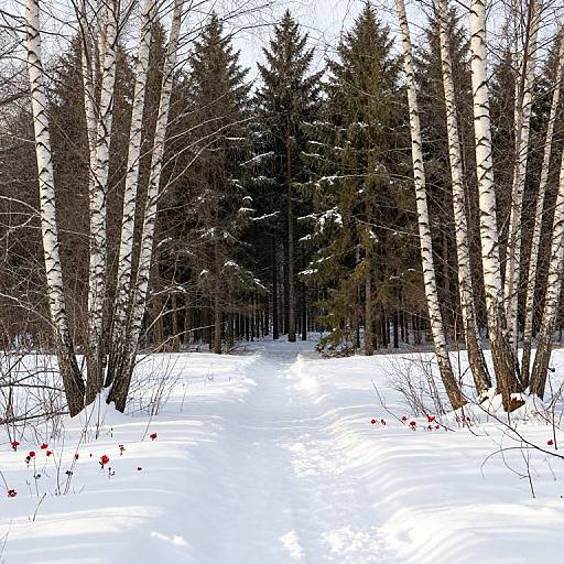 Sunlit Snowy Forest Path