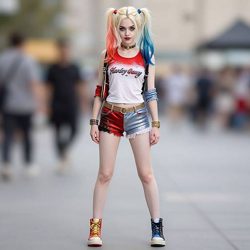 Digital artwork of a blonde woman with twin pigtails, red and blue hair, wearing a white 