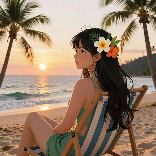 Anime Woman Relaxing on Tropical Beach
