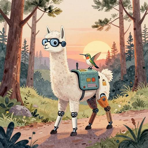 Pastel Ink Robot Llama at Sunset