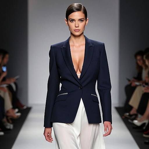 Photograph of a confident brunette model with slicked-back hair, wearing a deep navy blazer with a plunging neckline and white pants, walking down