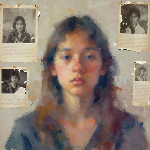 Digital painting of a blurred, expressionless woman with dark hair, surrounded by four vintage, faded black-and-white photographs on a textured, torn background.