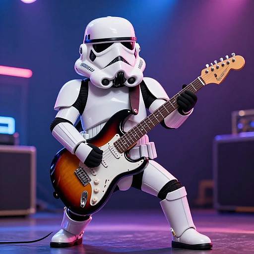 Photograph of a white Stormtrooper costume playing an electric guitar on stage, with blue and pink stage lights in the background.