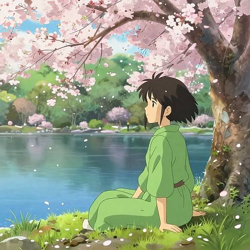 Anime-style drawing of a black-haired girl in a green kimono, sitting under cherry blossoms by a serene lake with blooming trees in the background