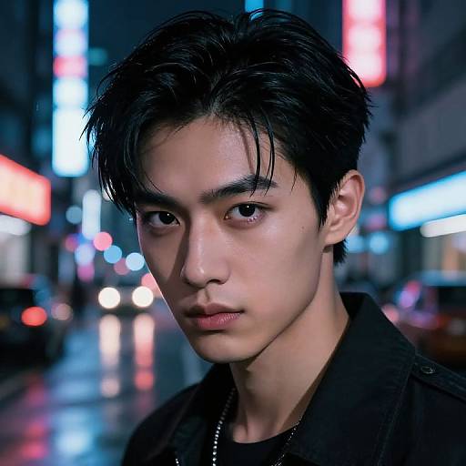 Photograph of an Asian man with short, wet black hair, serious expression, in a dark jacket, standing in a neon-lit, rainy urban