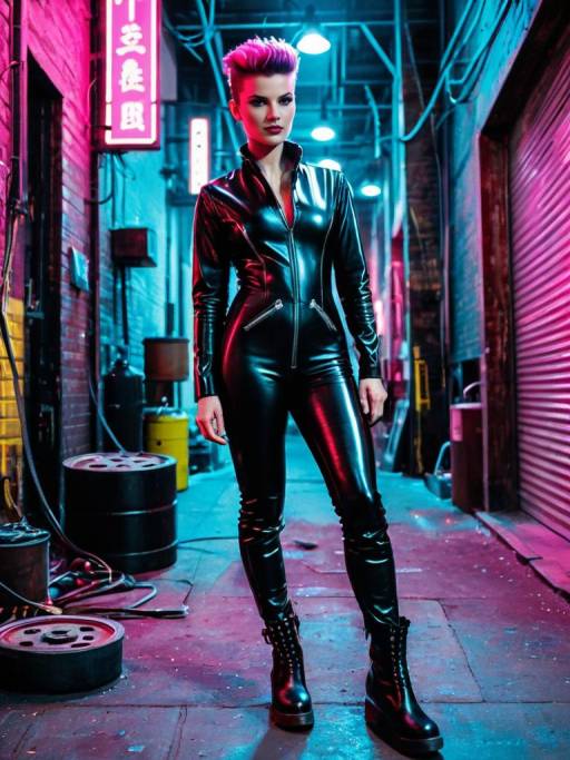 Determined Mechanic in Leather Catsuit in Neon Alley