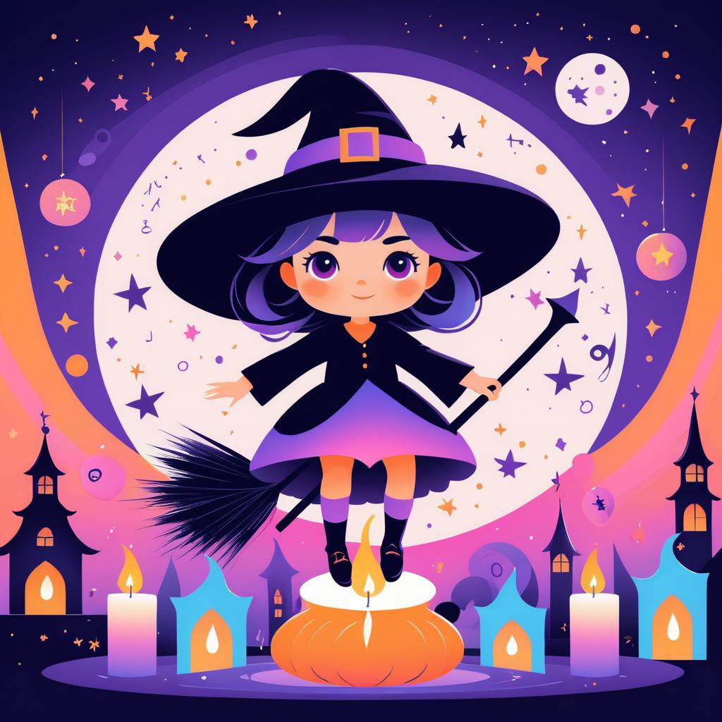 Playful Kawaii Witch on Broomstick Illustration