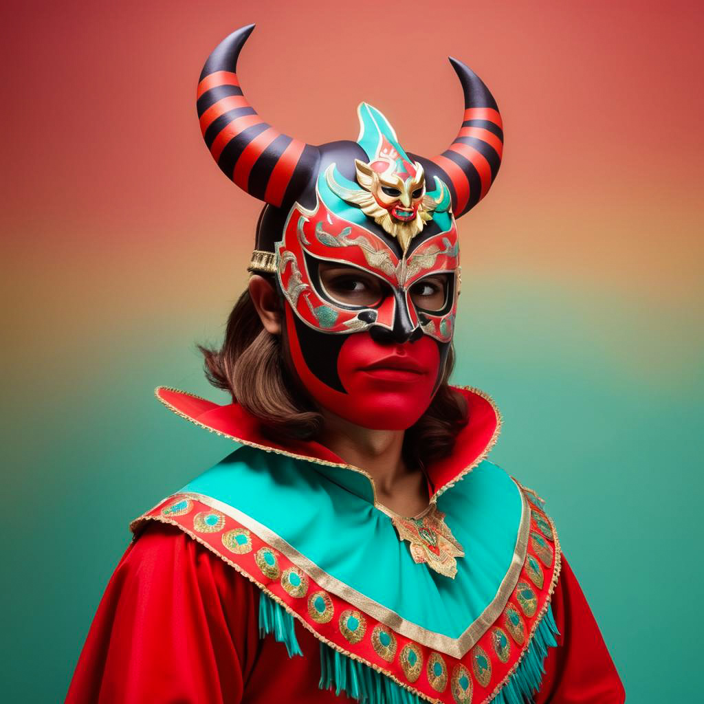 Amazed Tourist in Colorful Devil Costume