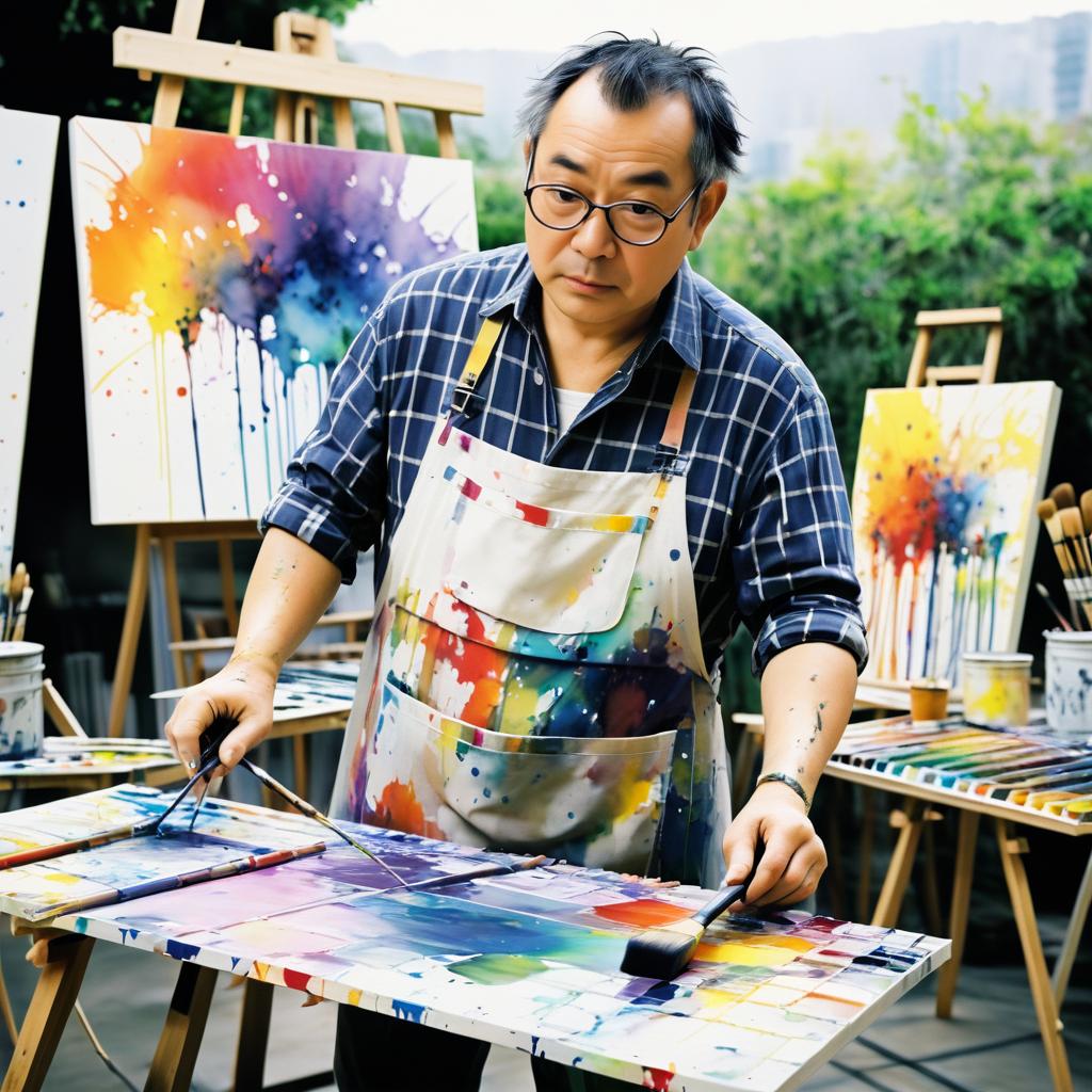 Middle-Aged Painter in Outdoor Studio