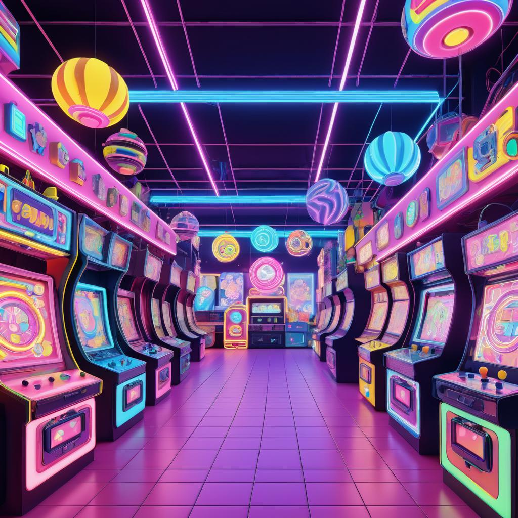 Nostalgic Neon Arcade with Cheerful Robots