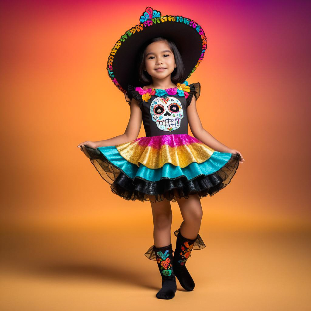 Excited Girl in Colorful Catrina Costume