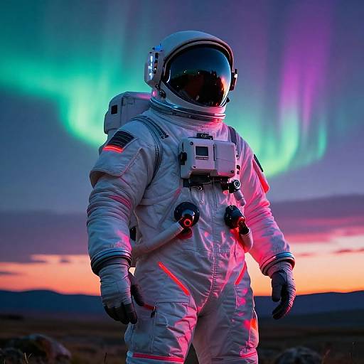 Photograph of an astronaut in a white spacesuit standing against a vibrant aurora borealis, with neon lights illuminating the suit.