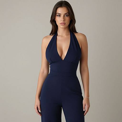 Photograph of a brunette woman with long hair, wearing a deep navy blue halter jumpsuit with a plunging neckline, standing against a plain gray