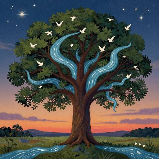 Digital art of a magical tree with glowing blue streams, white birds, and a sunset sky; vibrant colors, fantastical style.