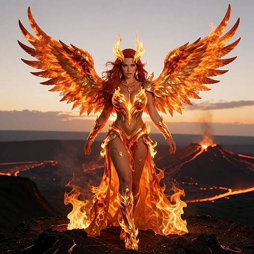 Digital artwork of a fiery-winged, goddess-like woman with long red hair, fiery armor, and flames surrounding her, standing on a volcanic landscape at