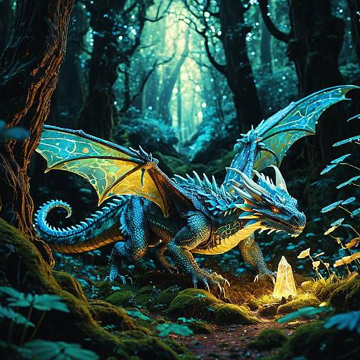 Glowing Crystal-Winged Dragon in Forest