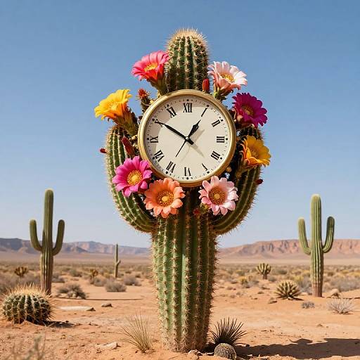 Photograph of a cactus with a clock face at the top, adorned with colorful flowers, set in a desert with clear blue sky and distant mountains