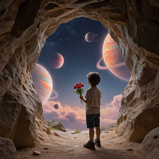 Photograph-style digital artwork: Curious child with curly hair, holding red flowers, stands in rocky cave, gazing at vibrant, planet-filled,