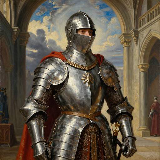 Digital painting of a medieval knight in shiny silver armor with a red cape, standing in a grand, arched stone hall. Sunlit clouds in the