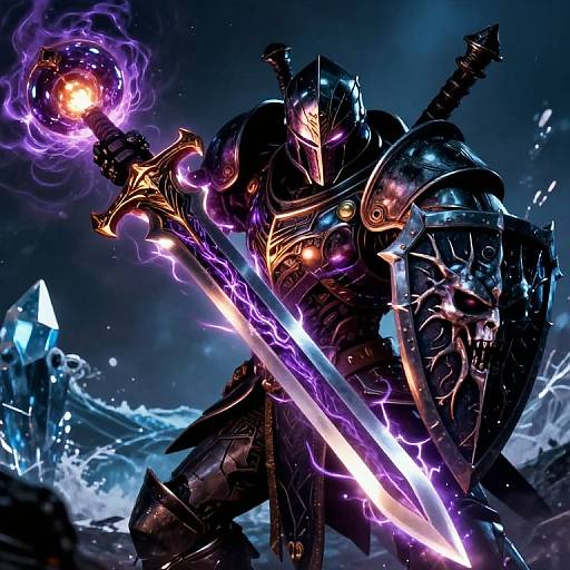 Digital fantasy art of a armored warrior wielding a glowing purple sword and shield, surrounded by dark, icy mountains, with a magical orb emitting purple light.