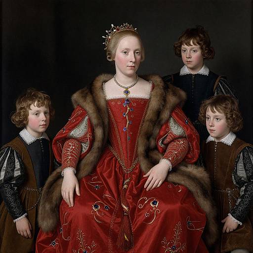 17th-century oil painting of a noblewoman in a red velvet gown with fur trim, flanked by three young children in black and brown attire.