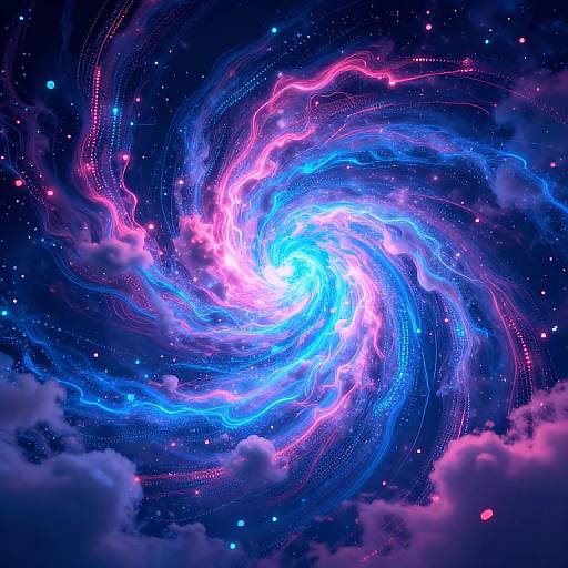 Digital art of a vibrant, swirling galaxy with neon blue and pink light trails, surrounded by dark space and floating clouds.