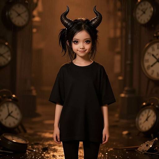 Photograph of a young Asian girl with black horns, black shirt, and pigtails, standing in a dimly lit, rain-filled room with