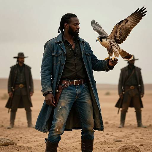 Photograph of a dark-skinned man with dreadlocks, wearing a denim coat and jeans, holding a flying hawk in a desert. Two blurred men