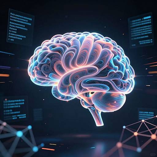 CGI image of a glowing, neon-blue and pink human brain floating in space with digital text and geometric patterns in the background.