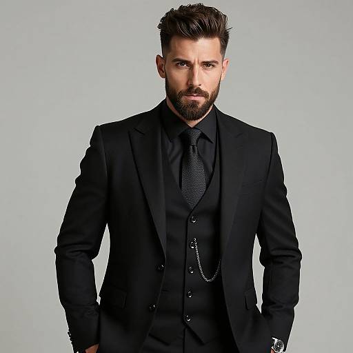 Photograph of a handsome, bearded man with styled brown hair, wearing a black suit, black shirt, and black tie, standing against a light