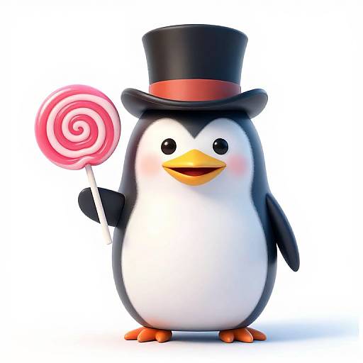 Cute CGI penguin in black top hat and red band, holding pink swirl lollipop, with cheerful expression, white background.
