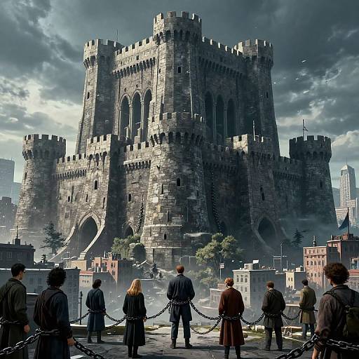 Digital artwork of medieval village with six people, shackled, facing towering, stone castle under stormy sky; cityscape in background.