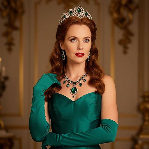 Elegant Emerald Gown with Regal Accessories