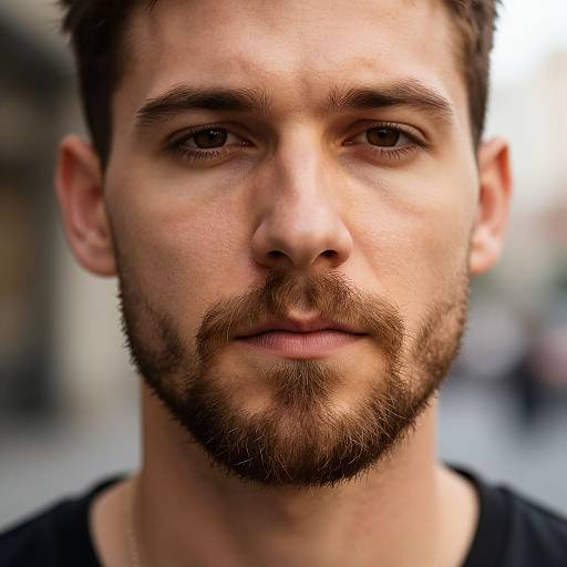 Close-up photograph of a young man with brown eyes, short brown hair, and a trimmed beard, wearing a black shirt, with a blurred urban background