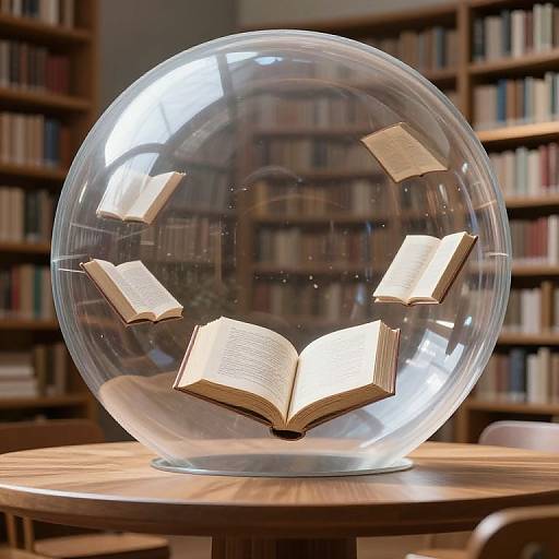 Photograph of a glass sphere containing floating, glowing open books, placed on a wooden table in a library with bookshelves.