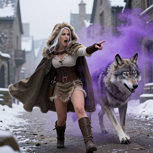 Digital fantasy artwork: A white-haired woman in fur-trimmed cloak, brown boots, and leather skirt, points at a purple smoke-emitting wolf