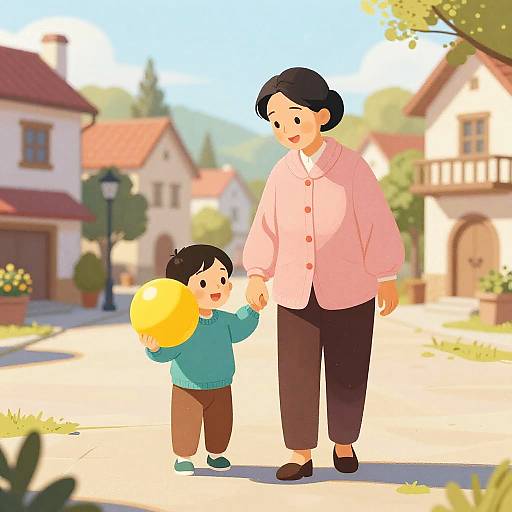 Digital illustration of an Asian grandmother with short black hair, pink blouse, and brown pants, holding hands with a young boy in a teal sweater and brown