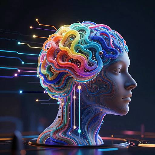 Digital art of a neon-colored, wireframe human head with wavy, multicolored lines and glowing dots, set against a dark background.