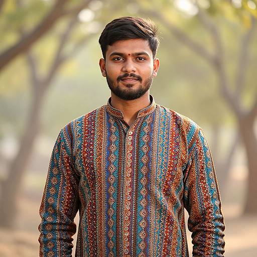 Photograph of a handsome South Asian man with dark hair and beard, wearing an ornately patterned blue and red traditional long kurta, standing in