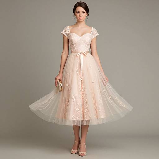 Photograph of a fair-skinned woman with dark hair in an elegant, off-the-shoulder, knee-length, ivory lace and tulle dress