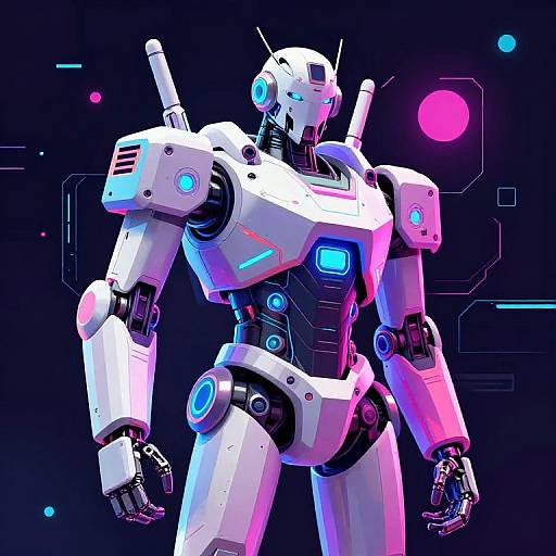 Digital art of a futuristic white and blue robotic warrior with glowing neon accents, standing against a black background with pink and blue geometric shapes.