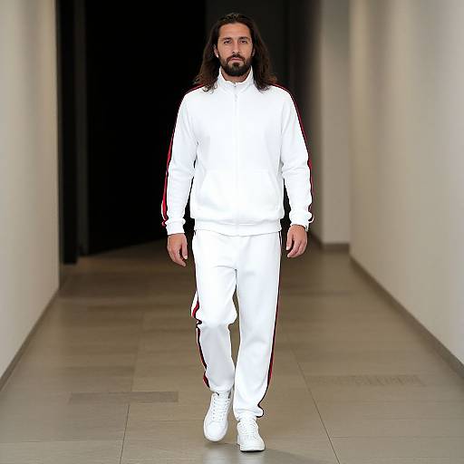 Photograph of a bearded man with long dark hair, wearing a white full-body outfit and white shoes, walking down a dimly lit, narrow