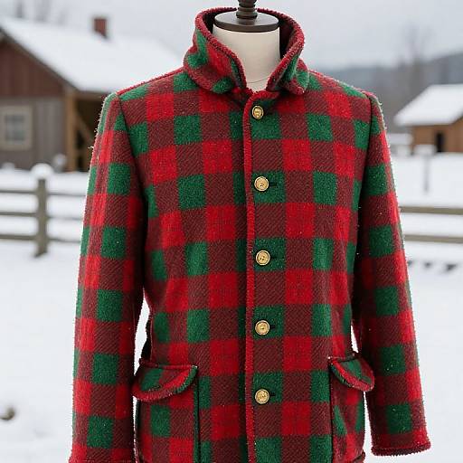 Photograph of a red and green plaid wool coat with a high collar and gold buttons, displayed on a mannequin in a snowy outdoor setting