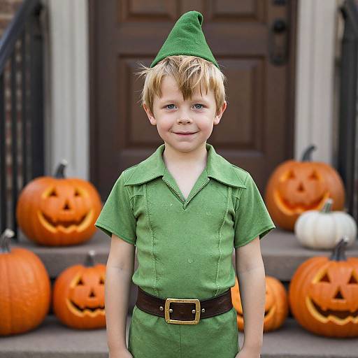Photograph of a blond, blue-eyed boy in a green elf costume with a pointed hat, standing in front of carved pumpkins and a dark wooden
