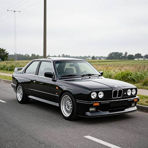 Photograph of a black, vintage BMW E30 sedan with chrome wheels, four round headlights, and a lowered stance, driving on a rural road with